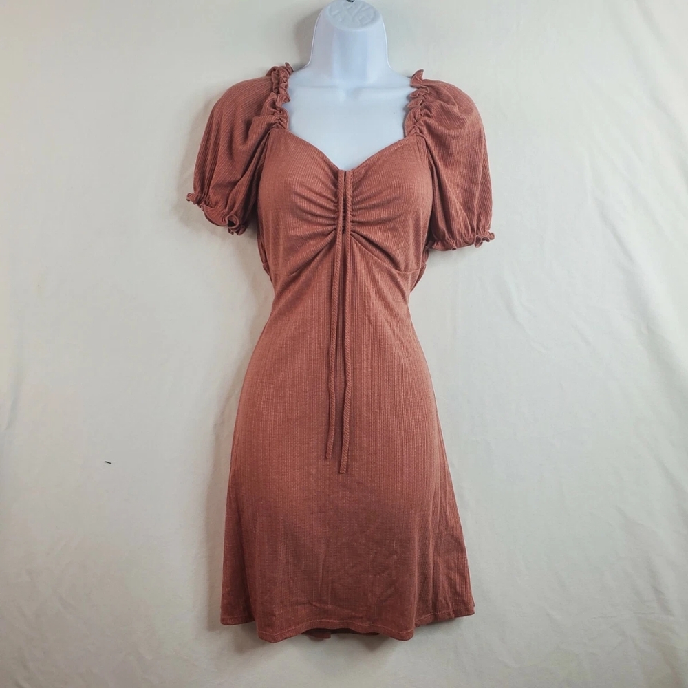 AMARYLISS Puff Sleeve Puff Rouched Dress in Rust - Picture 2 of 13